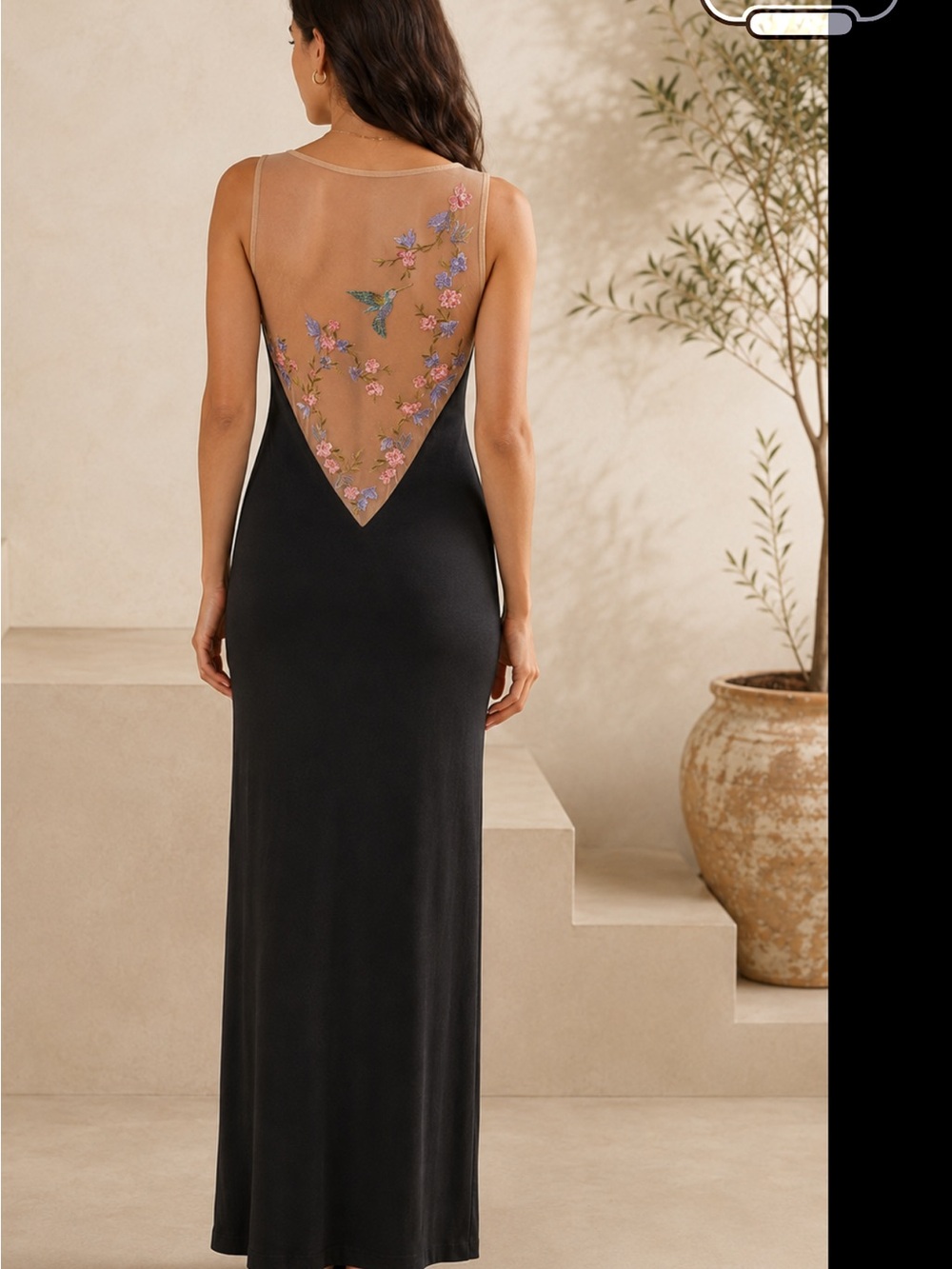 ABS Allen Schwartz Black Maxi Dress with Pink & Lavender Floral Embroidery